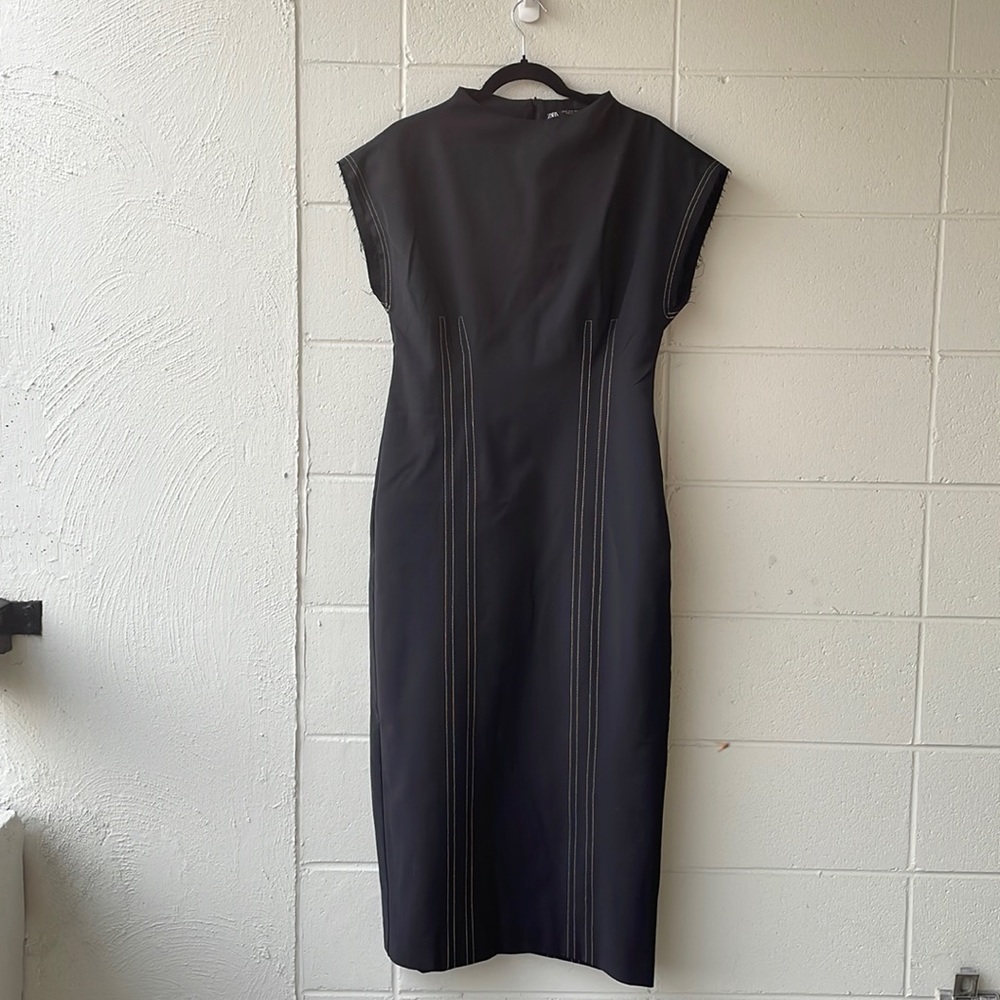 Zara new black white midi funnel neck pencil dress XL